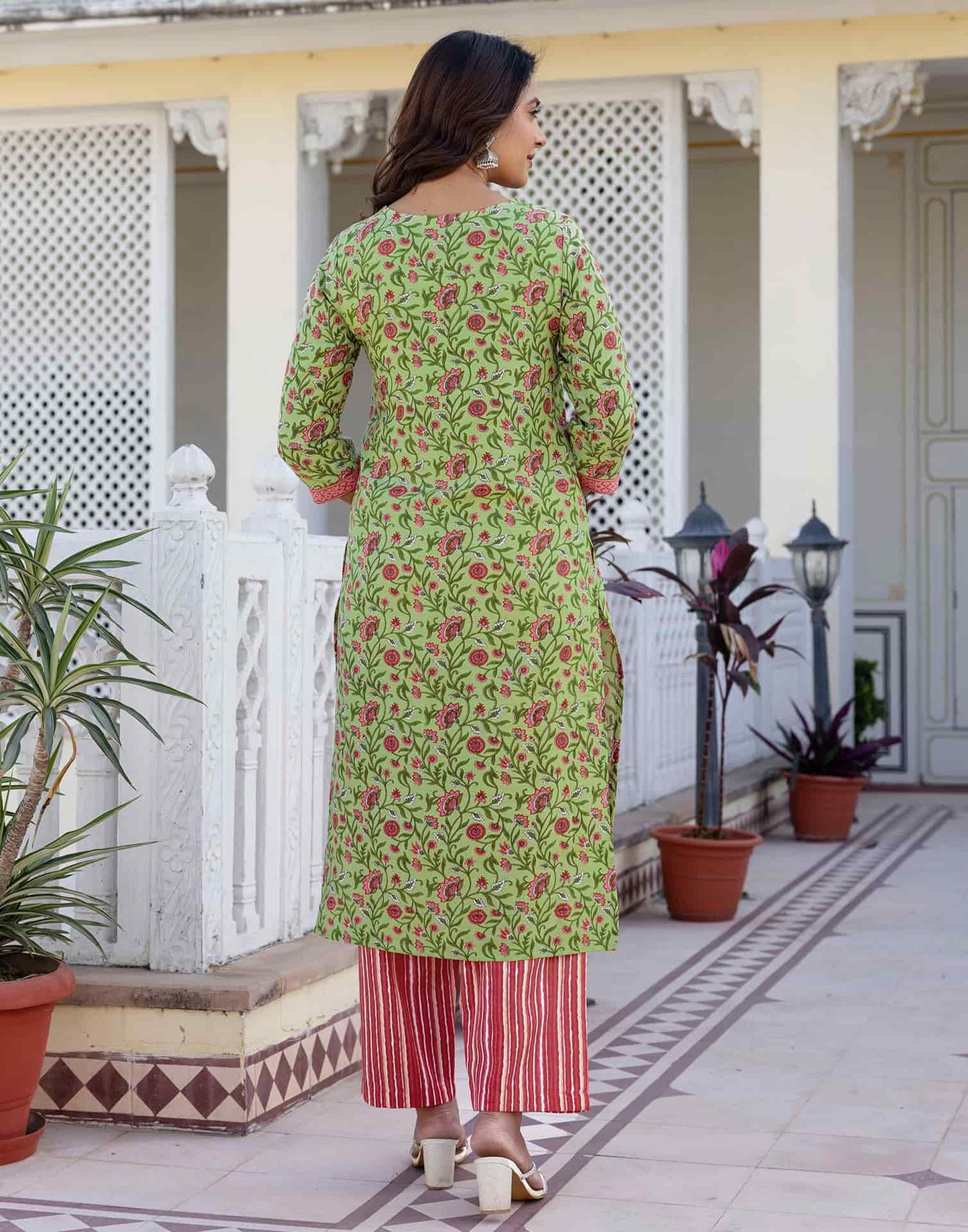 Cotton Blend Floral Printed and Lace Straight Kurta with Pant & Dupatta
