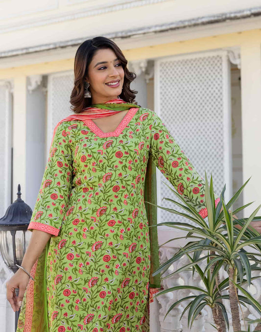 Cotton Blend Floral Printed and Lace Straight Kurta with Pant & Dupatta