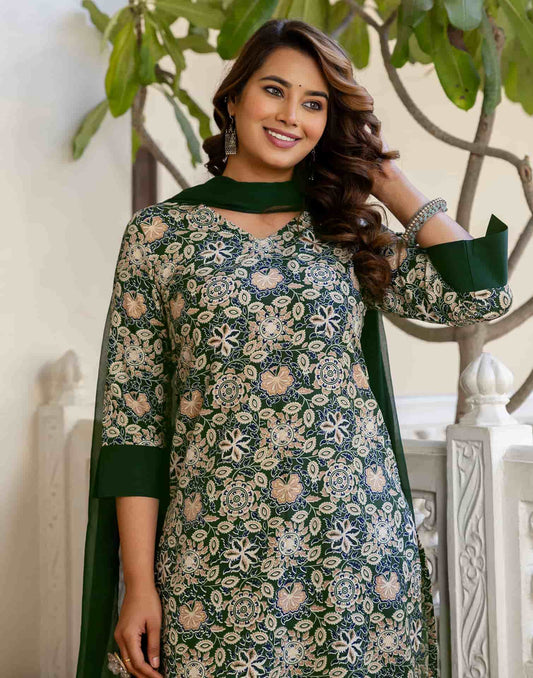 Crepe Floral Printed Straight Kurta with Pant & Dupatta