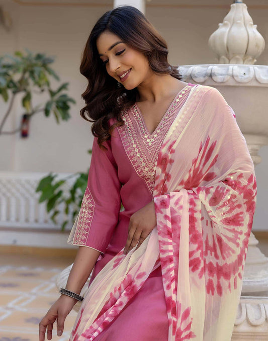 Silk Embroidery, Sequins Work and Gota Patti Work Straight Kurta with Pant & Dupatta