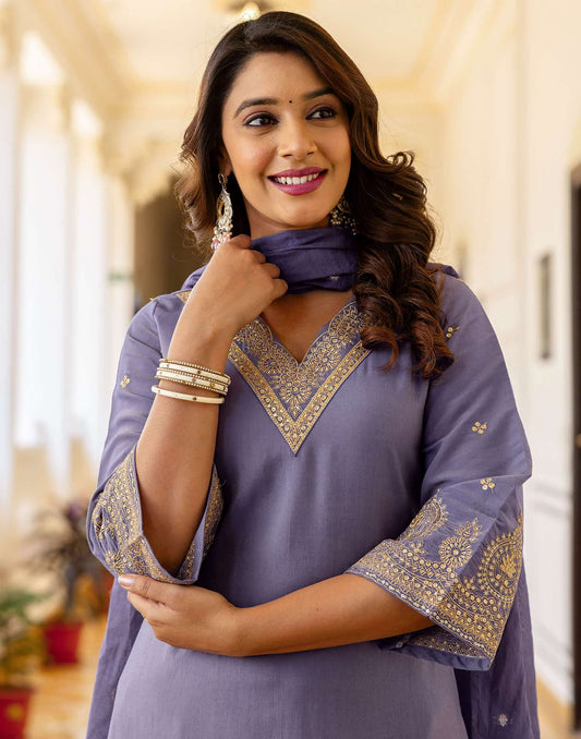 Silk Blend Embroidery and Sequins Work Straight Kurta with Pant & Dupatta