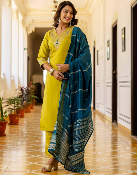 Silk Embroidery and Sequins Work Straight Kurta with Pant & Dupatta