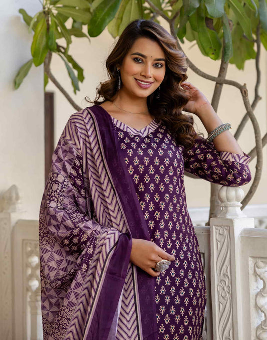 Cotton Blend Printed Lace Straight Kurta with Pant & Dupatta