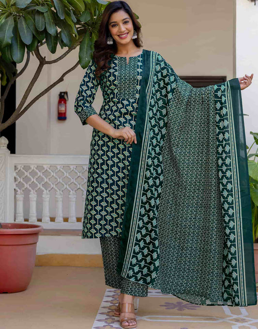 Cotton Blend Printed Lace Straight Kurta with Pant & Dupatta
