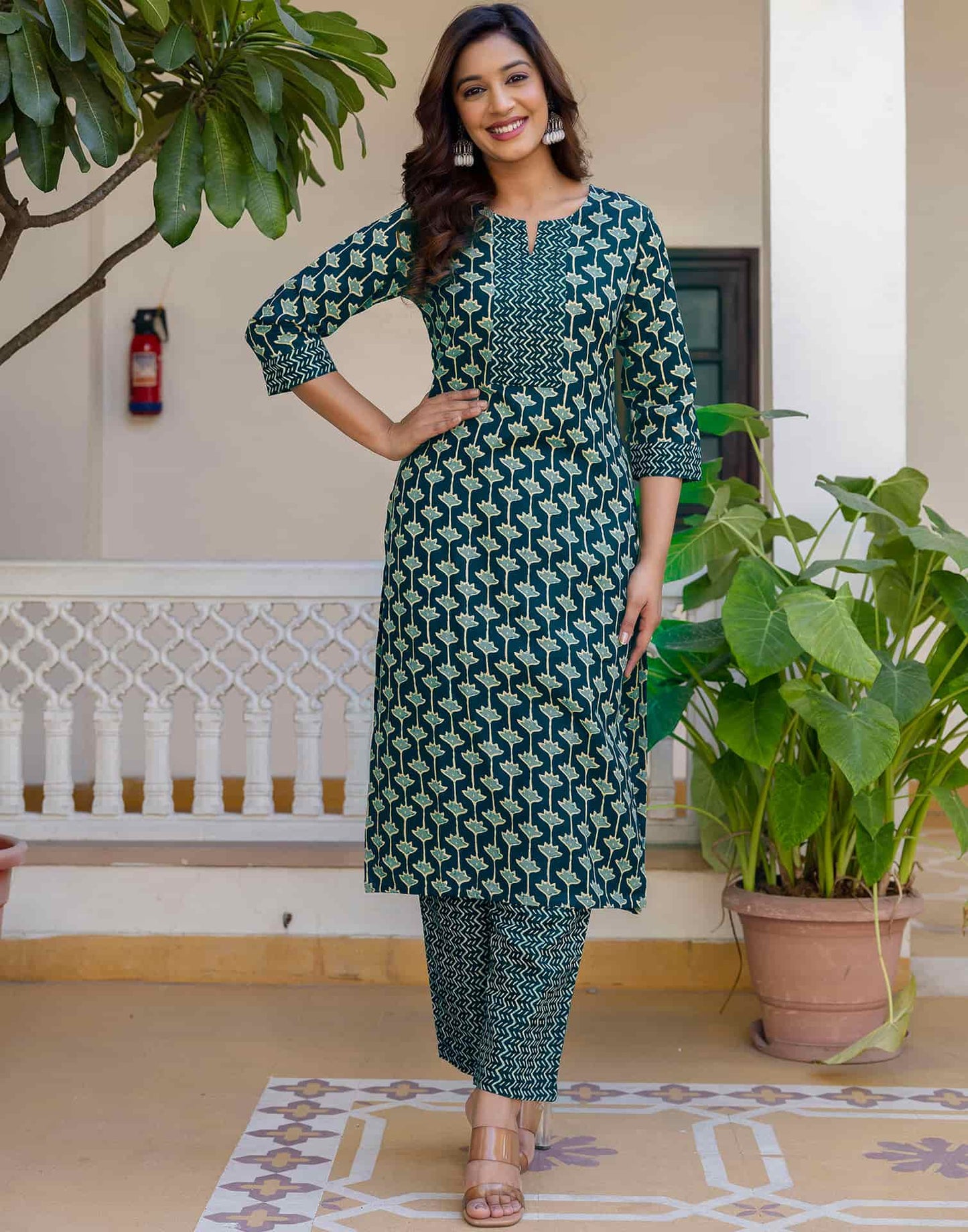 Cotton Blend Printed Lace Straight Kurta with Pant & Dupatta