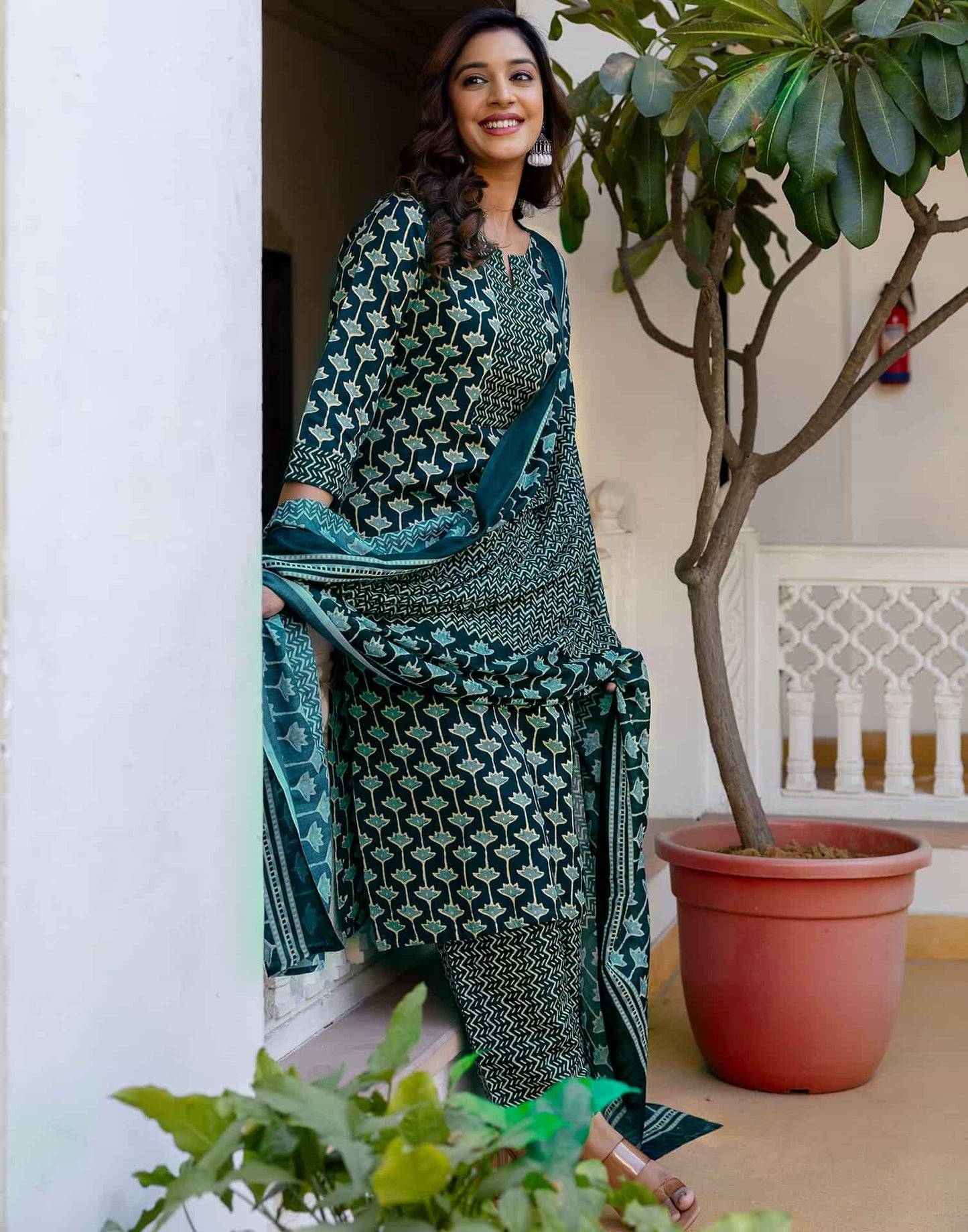 Cotton Blend Printed Lace Straight Kurta with Pant & Dupatta