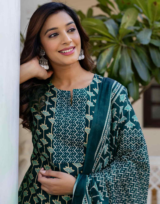 Cotton Blend Printed Lace Straight Kurta with Pant & Dupatta