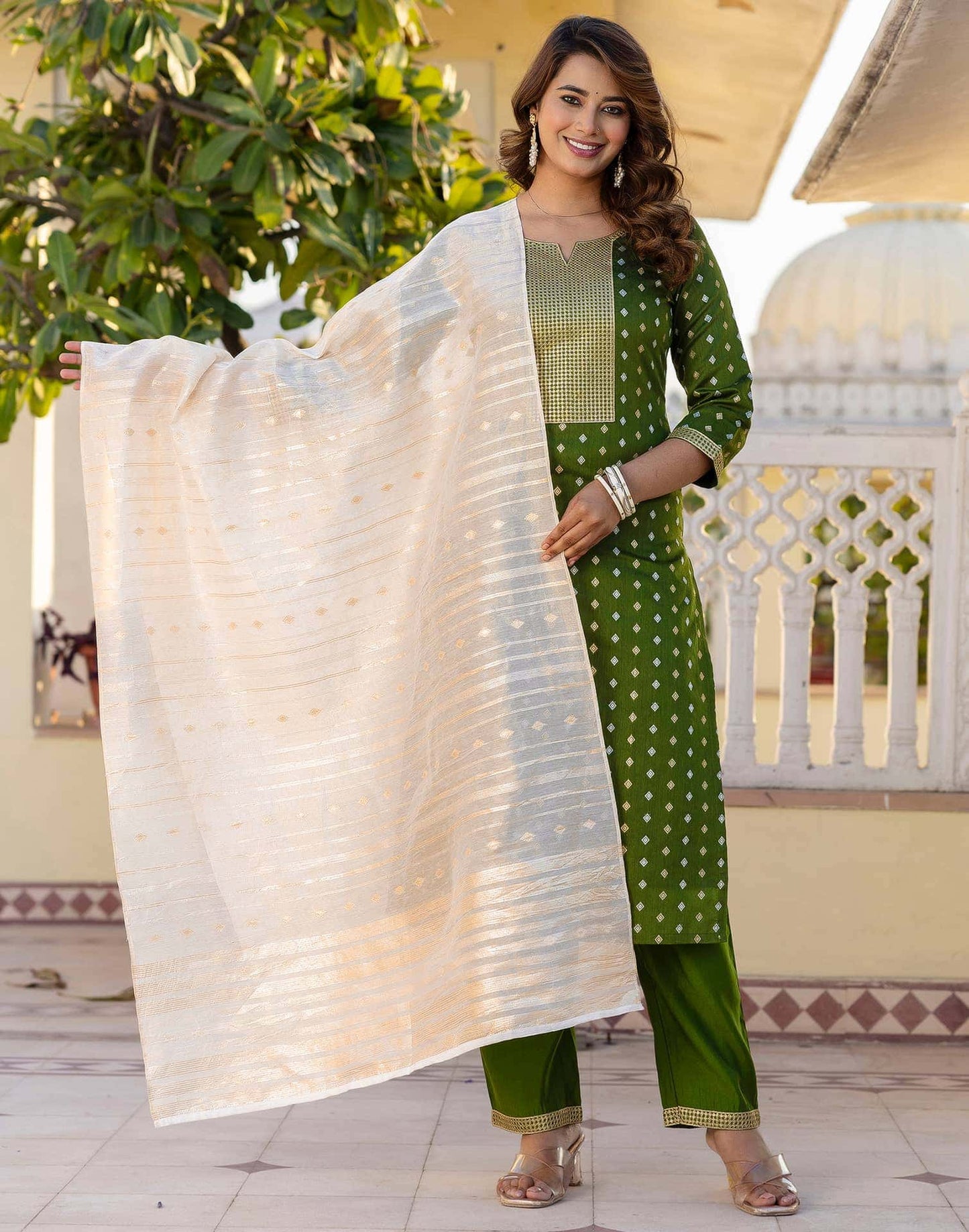 Chanderi Jaquard, Sequin Embroidery and Sequin Emb Lace Straight Kurta with Pant & Dupatta
