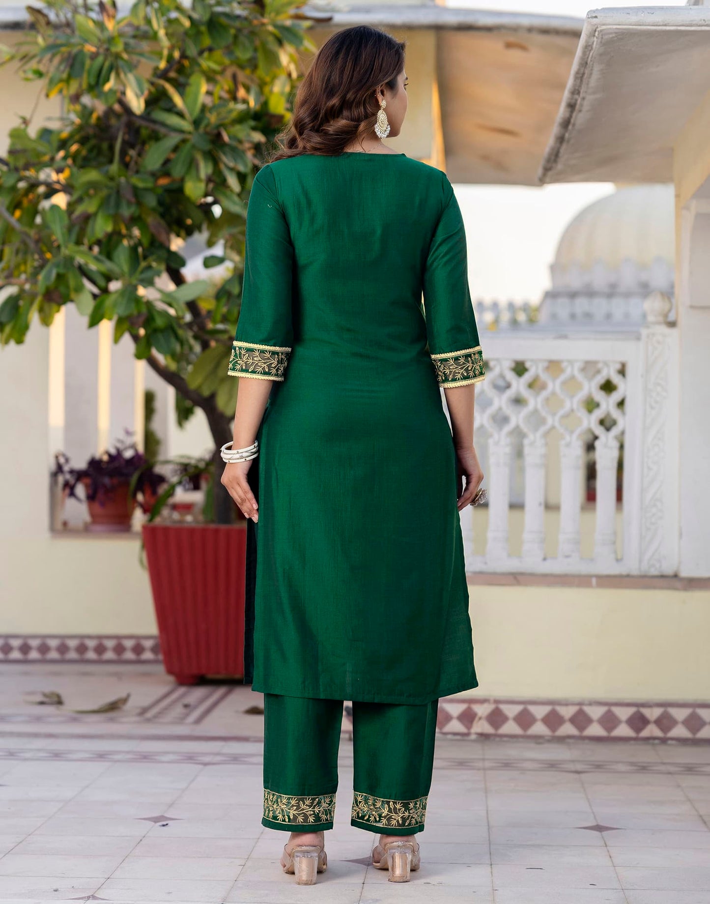 Silk Blend Sequins, Embroidery and Lace Straight Kurta with Pant & Dupatta