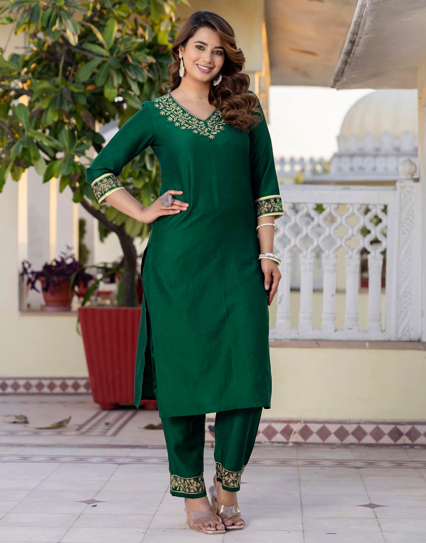 Silk Blend Sequins, Embroidery and Lace Straight Kurta with Pant & Dupatta