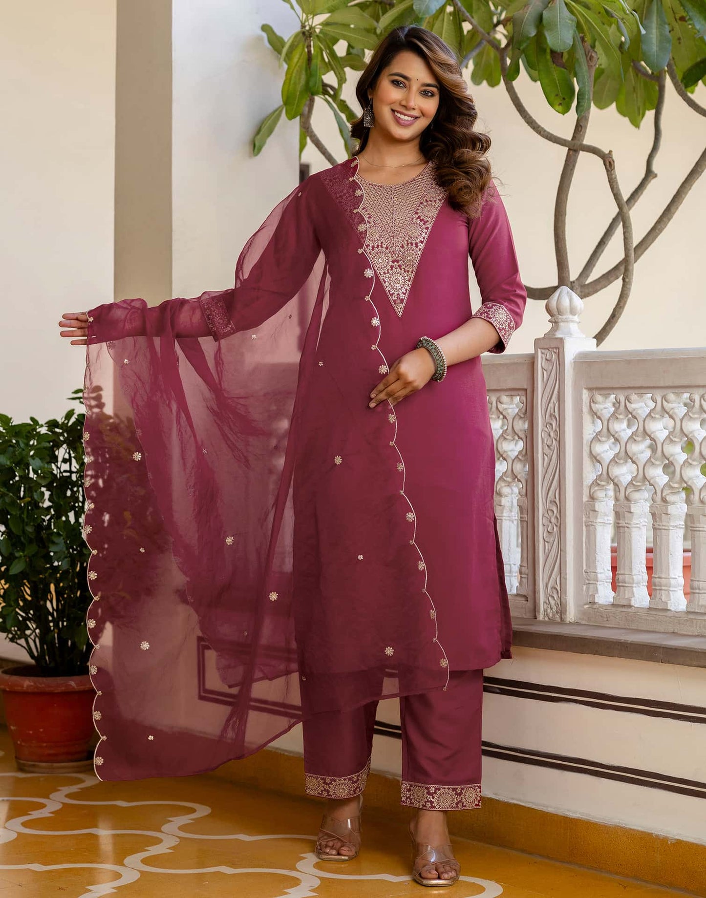 Cotton Embroidery and Sequin Work A-Line Kurta with Pant & Dupatta