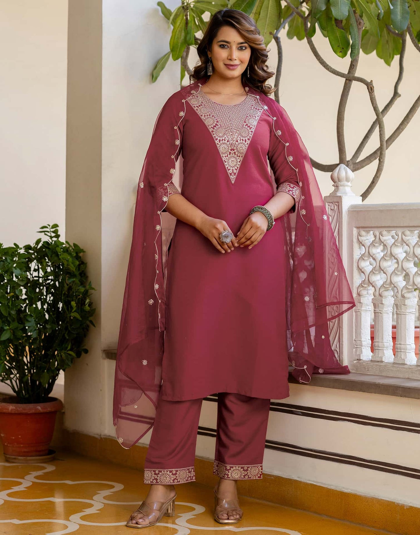 Cotton Embroidery and Sequin Work A-Line Kurta with Pant & Dupatta
