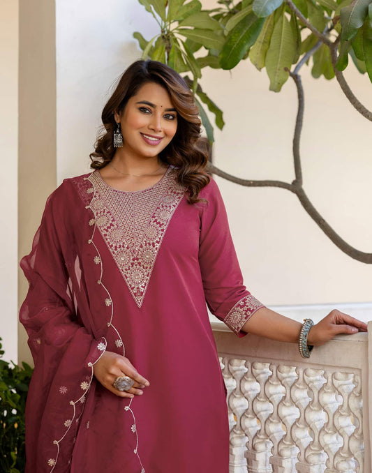 Cotton Embroidery and Sequin Work A-Line Kurta with Pant & Dupatta