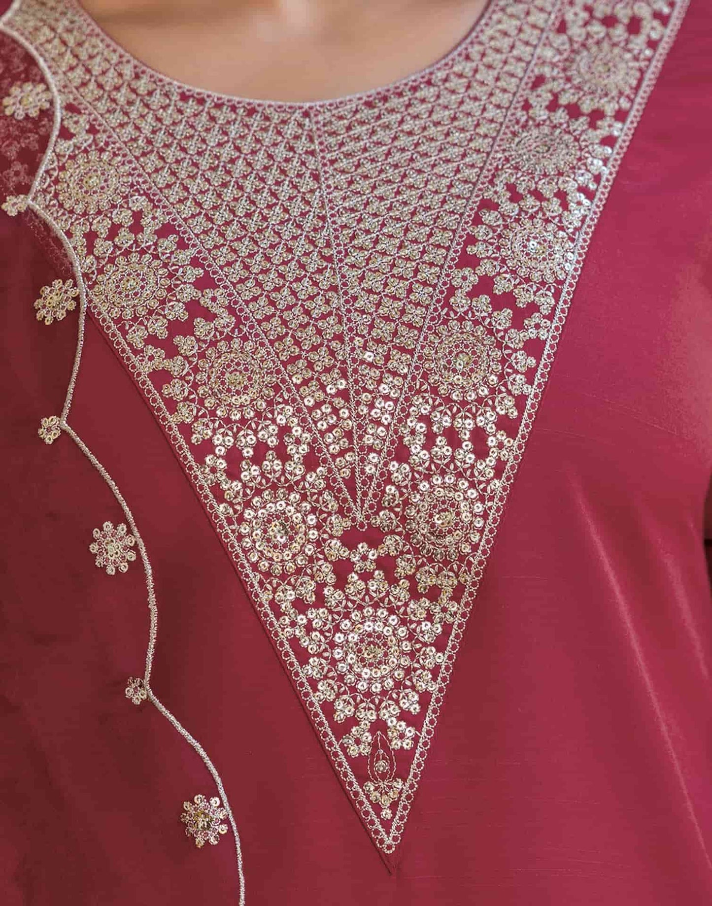 Cotton Embroidery and Sequin Work A-Line Kurta with Pant & Dupatta