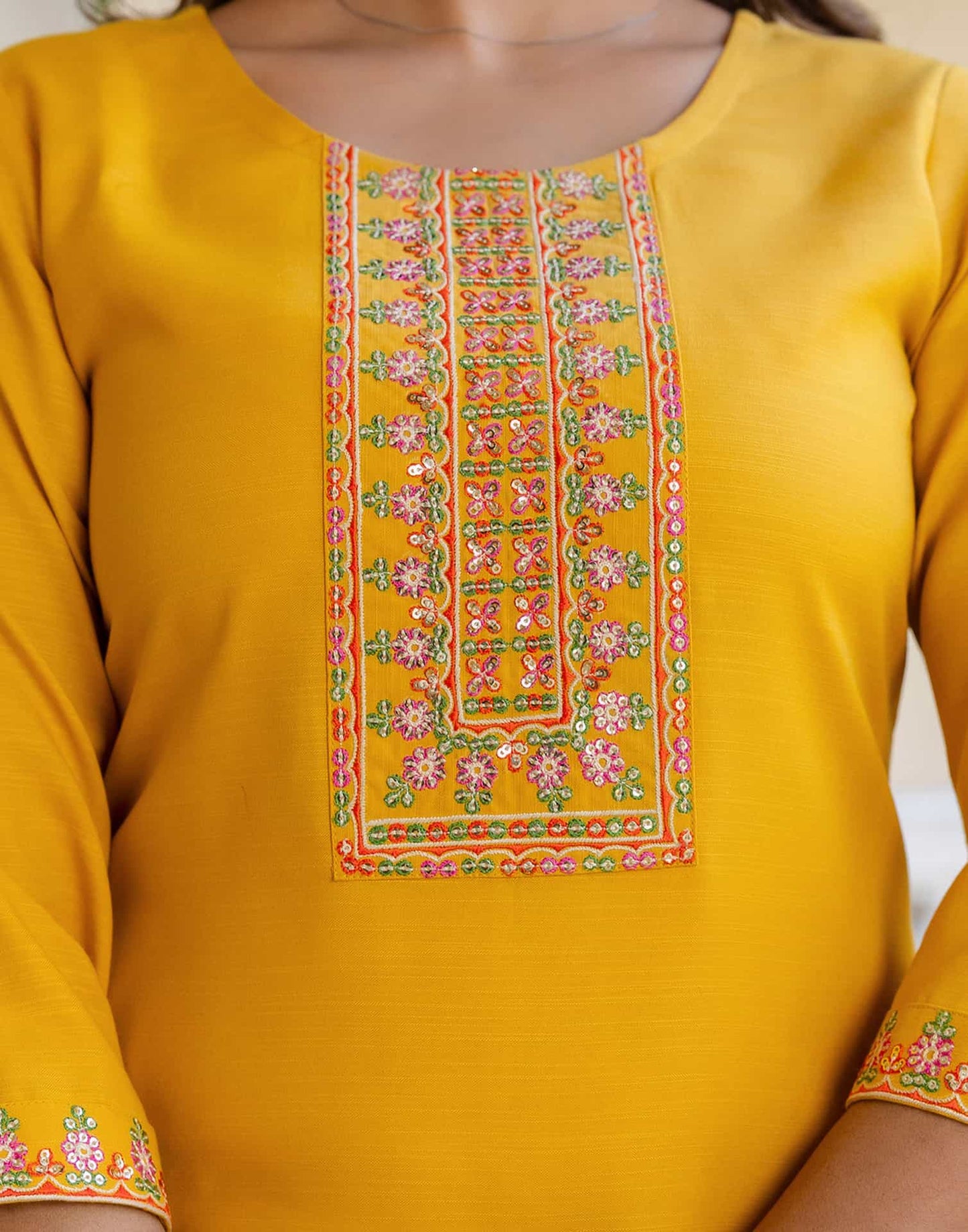 Cotton Blend Embroidery and Sequins Work Straight Kurta with Pant & Dupatta