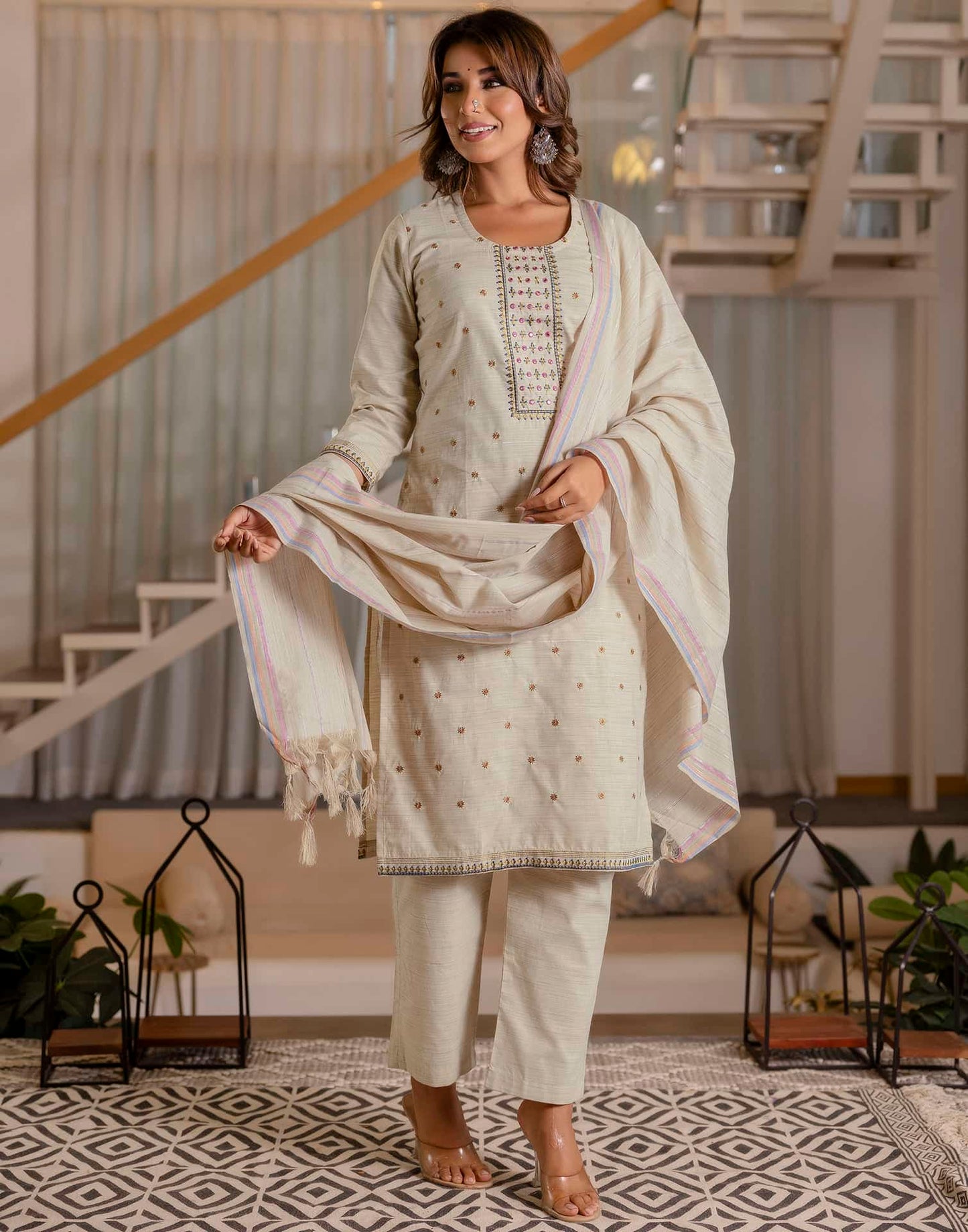 Cotton Weaving and Embroidery A-Line Kurta with Pant & Dupatta