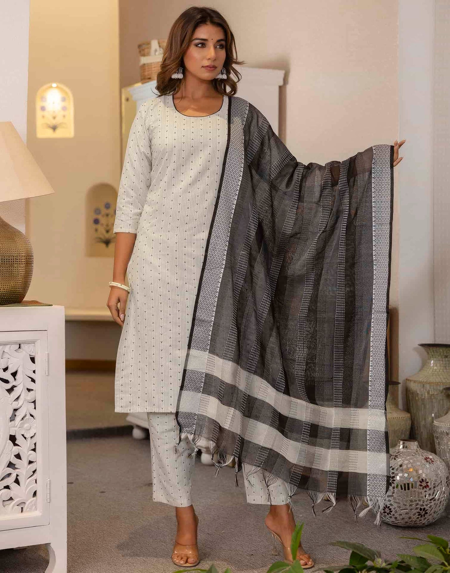 Cotton Weaving A-Line Kurta with Pant & Dupatta