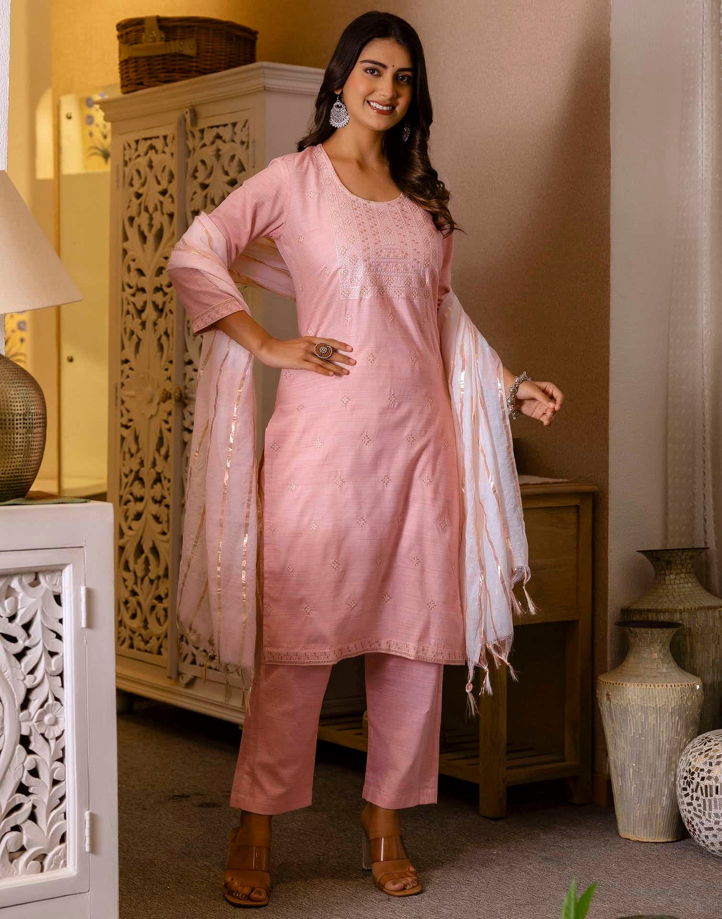 Cotton Woven Design Straight Kurta with Pant & Dupatta