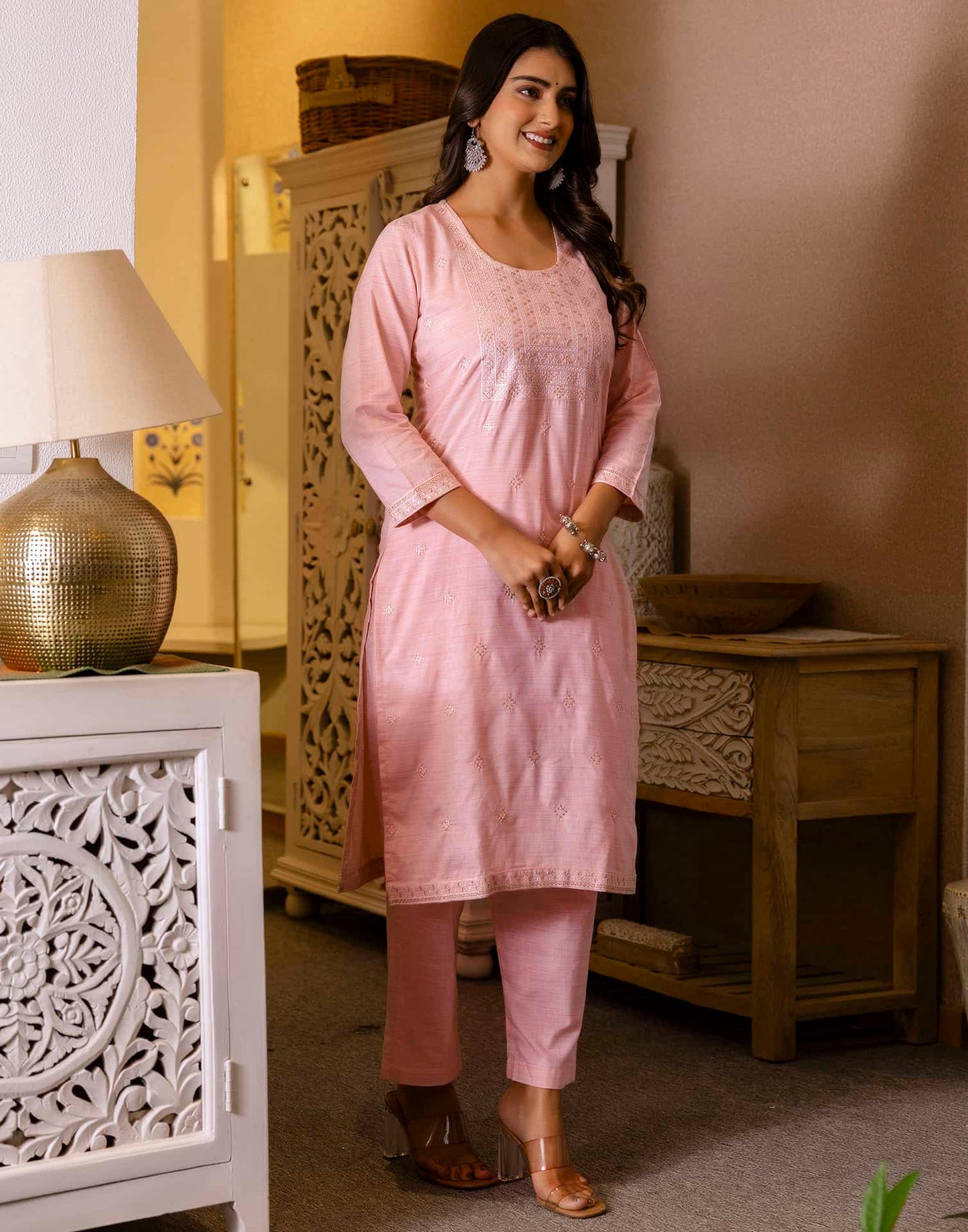 Cotton Woven Design Straight Kurta with Pant & Dupatta