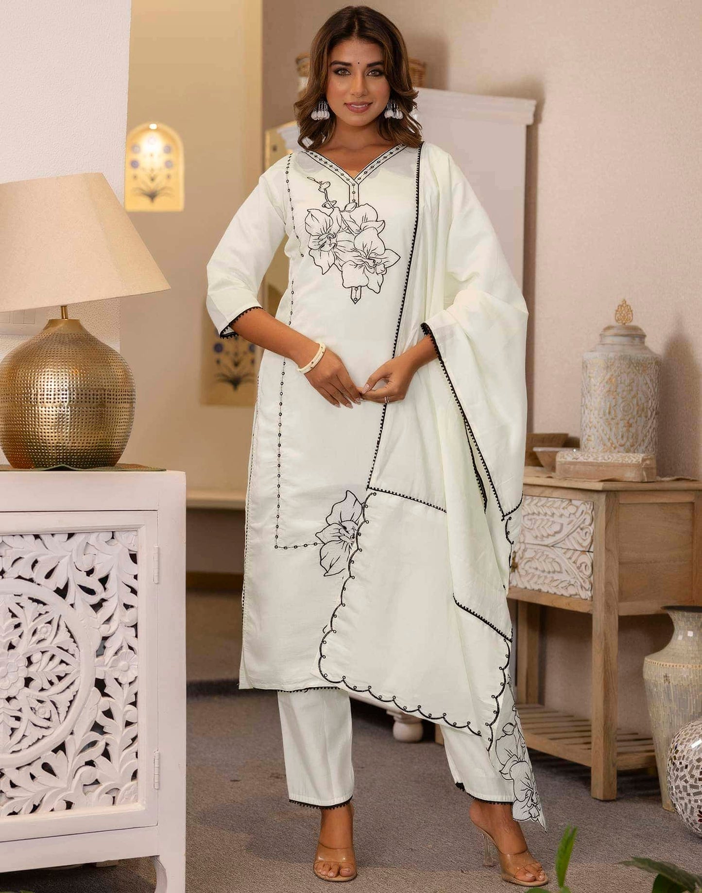 Silk Embroidery and Lace Straight Kurta with Pant & Dupatta