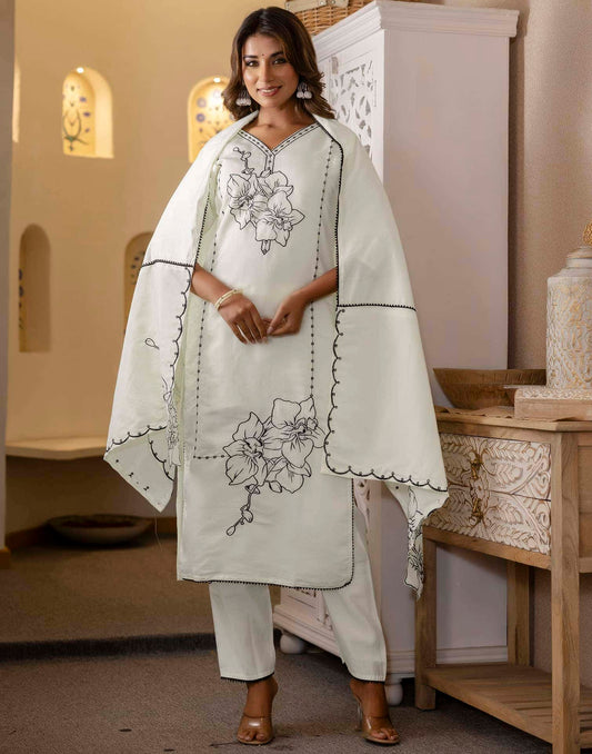 Silk Embroidery and Lace Straight Kurta with Pant & Dupatta