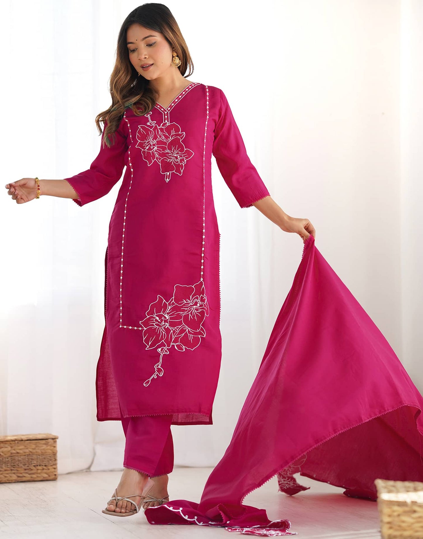 Silk Embroidery and Lace Straight Kurta with Pant & Dupatta