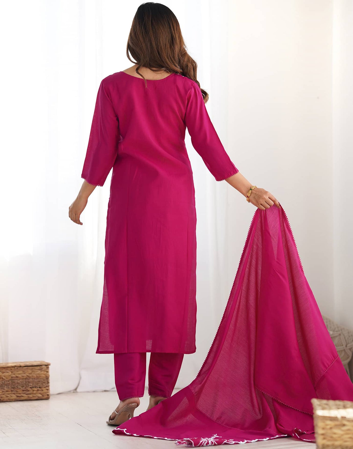 Silk Embroidery and Lace Straight Kurta with Pant & Dupatta