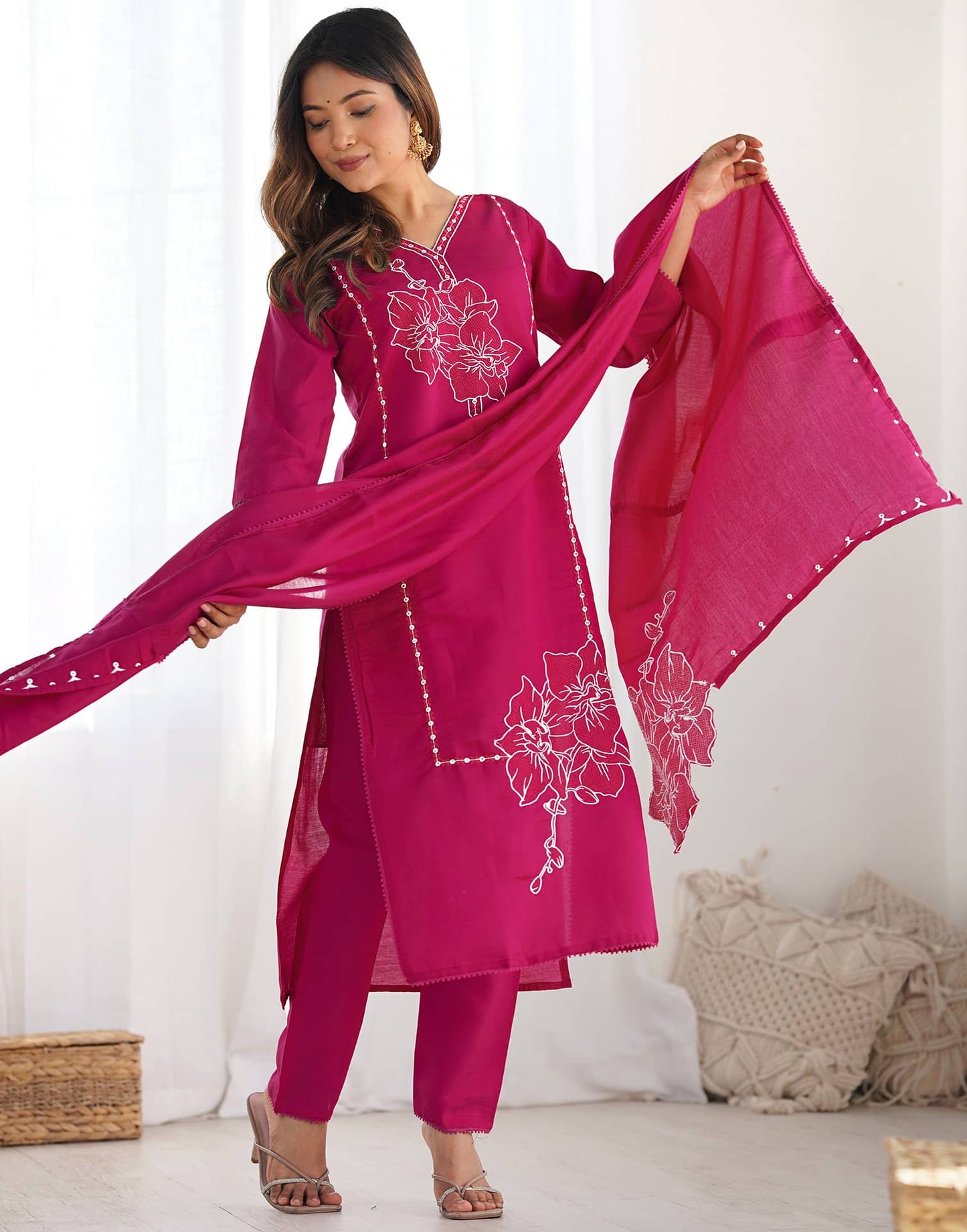 Silk Embroidery and Lace Straight Kurta with Pant & Dupatta