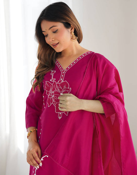 Silk Embroidery and Lace Straight Kurta with Pant & Dupatta