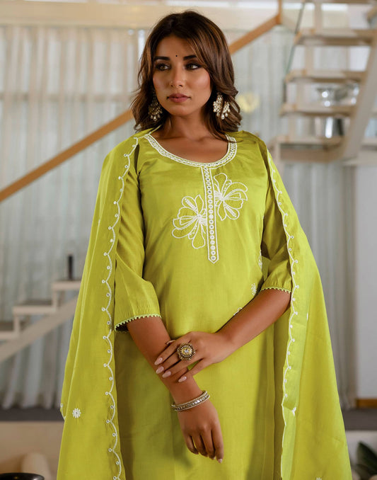 Silk Embroidery and Lace Straight Kurta with Pant & Dupatta