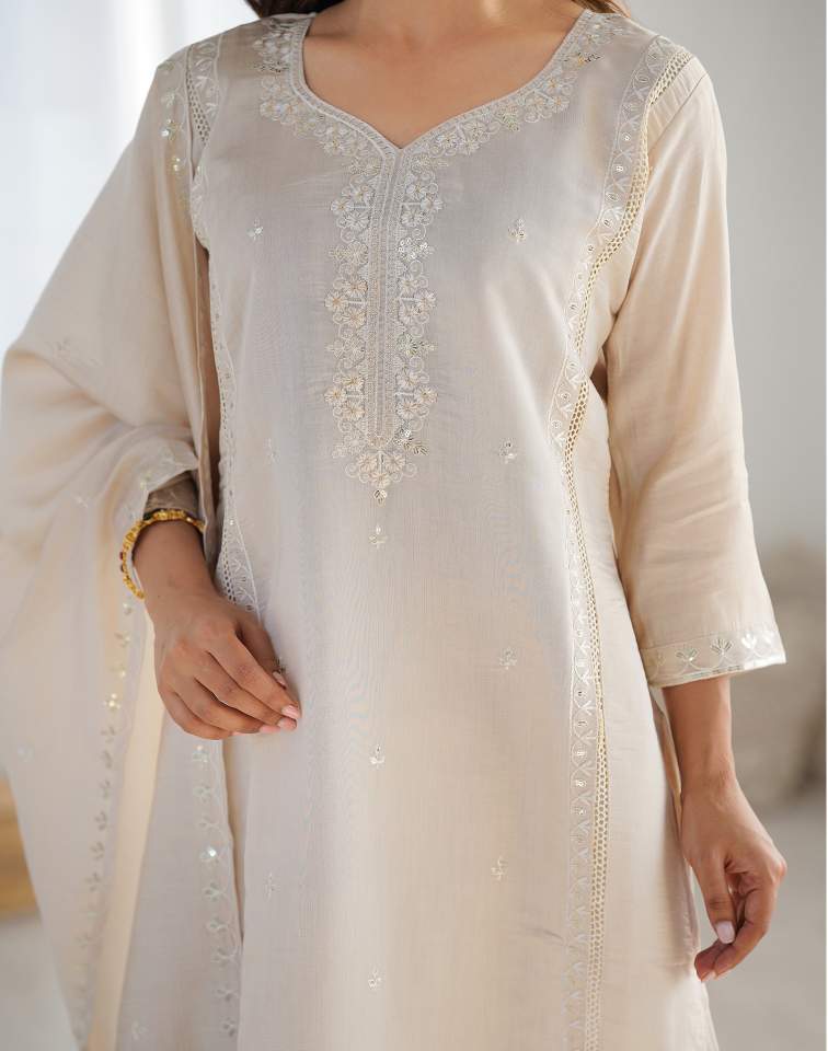 Beige Silk Sequence Sweetheart Neck 3/4 Sleeve Straight Kurta Set With Pant & Dupatta