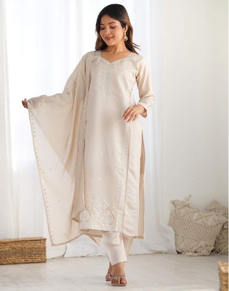 Beige Silk Sequence Sweetheart Neck 3/4 Sleeve Straight Kurta Set With Pant & Dupatta