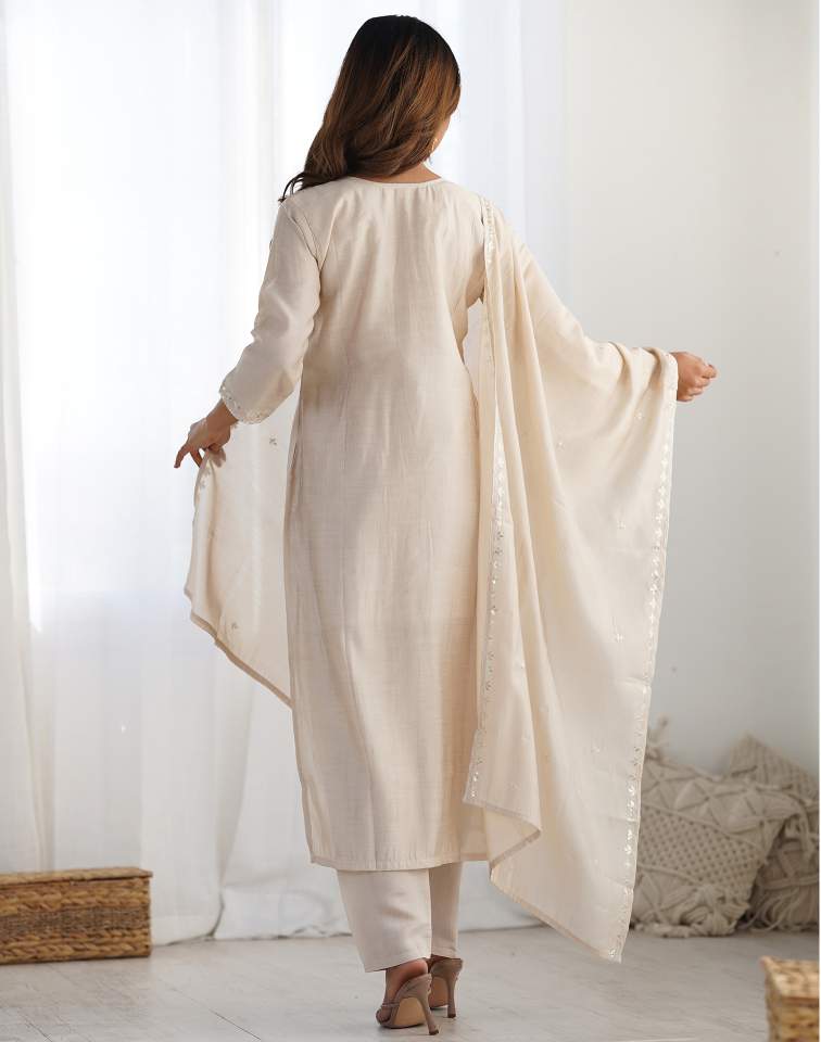 Beige Silk Sequence Sweetheart Neck 3/4 Sleeve Straight Kurta Set With Pant & Dupatta
