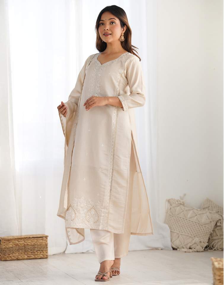 Beige Silk Sequence Sweetheart Neck 3/4 Sleeve Straight Kurta Set With Pant & Dupatta