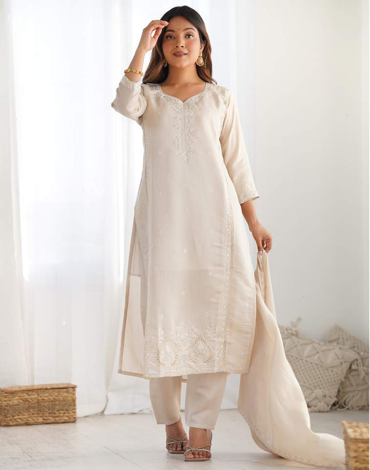 Beige Silk Sequence Sweetheart Neck 3/4 Sleeve Straight Kurta Set With Pant & Dupatta