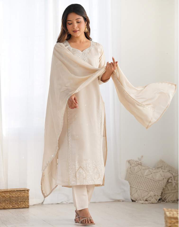 Beige Silk Sequence Sweetheart Neck 3/4 Sleeve Straight Kurta Set With Pant & Dupatta