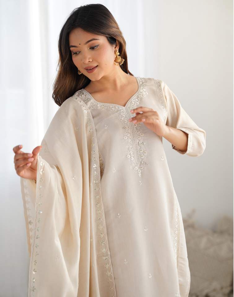 Beige Silk Sequence Sweetheart Neck 3/4 Sleeve Straight Kurta Set With Pant & Dupatta