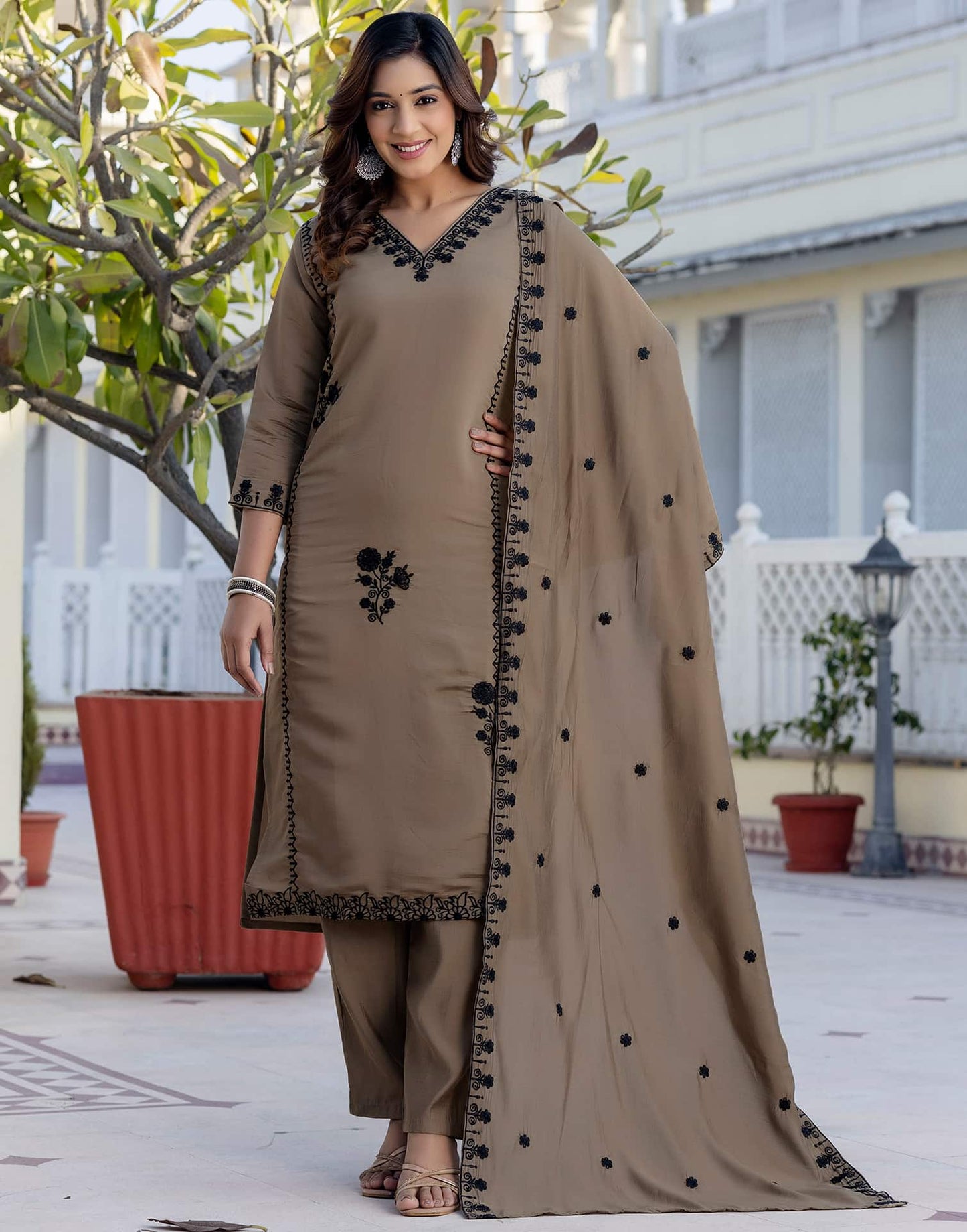 Dark Beige Silk Embroidered V Neck 3/4 Sleeve Straight Kurta Set With Pant & Dupatta
