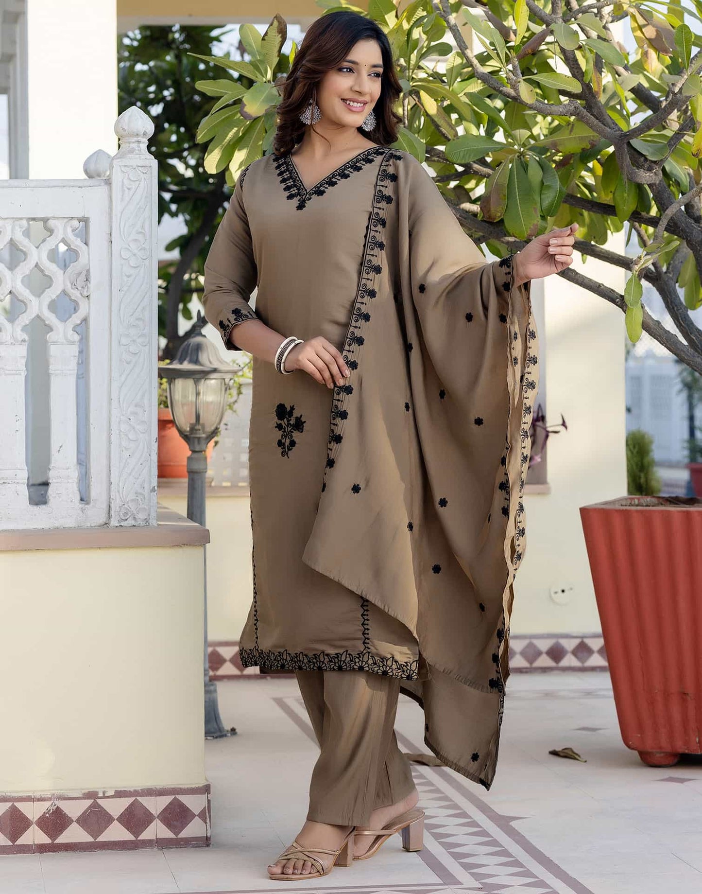 Dark Beige Silk Embroidered V Neck 3/4 Sleeve Straight Kurta Set With Pant & Dupatta