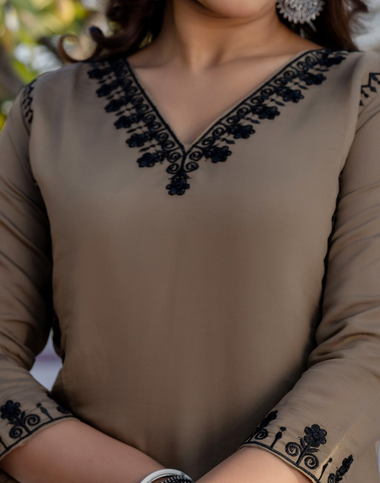 Dark Beige Silk Embroidered V Neck 3/4 Sleeve Straight Kurta Set With Pant & Dupatta