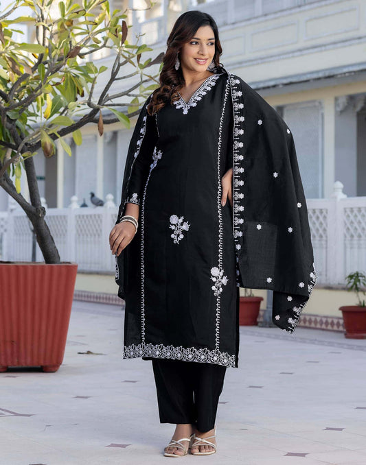 Silk Embroidery Straight Kurta with Pant & Dupatta
