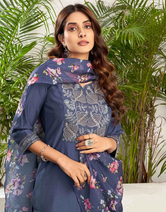 Silk Blend Embroidered Straight Kurta with Pant & Dupatta