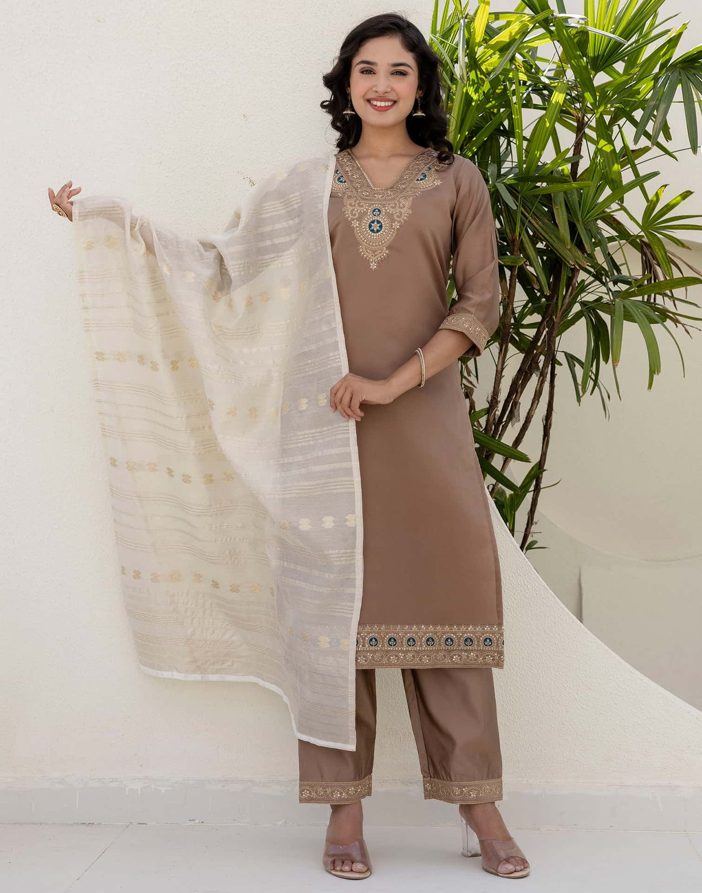 Silk Embroidered Straight Kurta with Pant & Dupatta