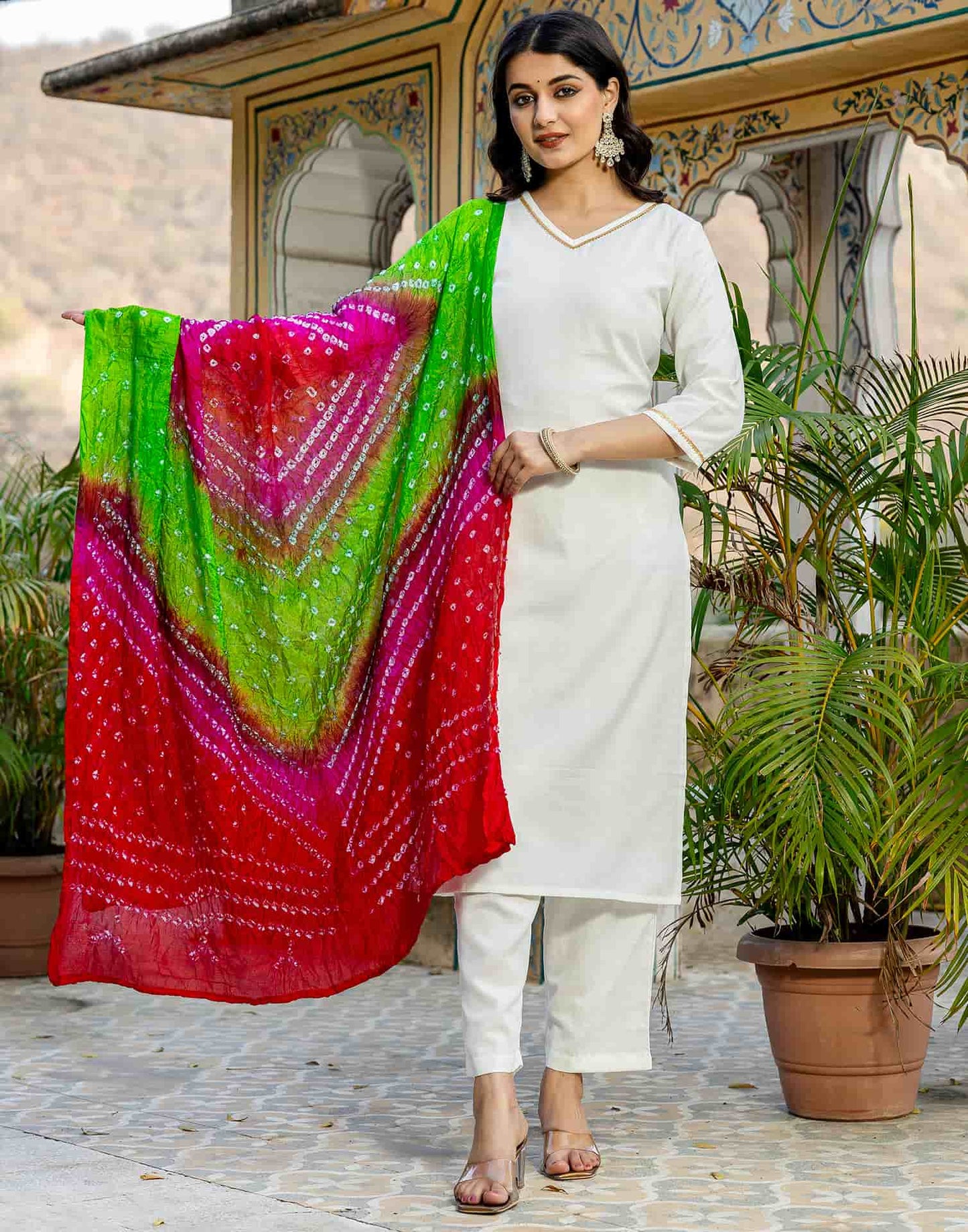 Cotton Blend Gota Lace Straight Kurta with Pant & Dupatta