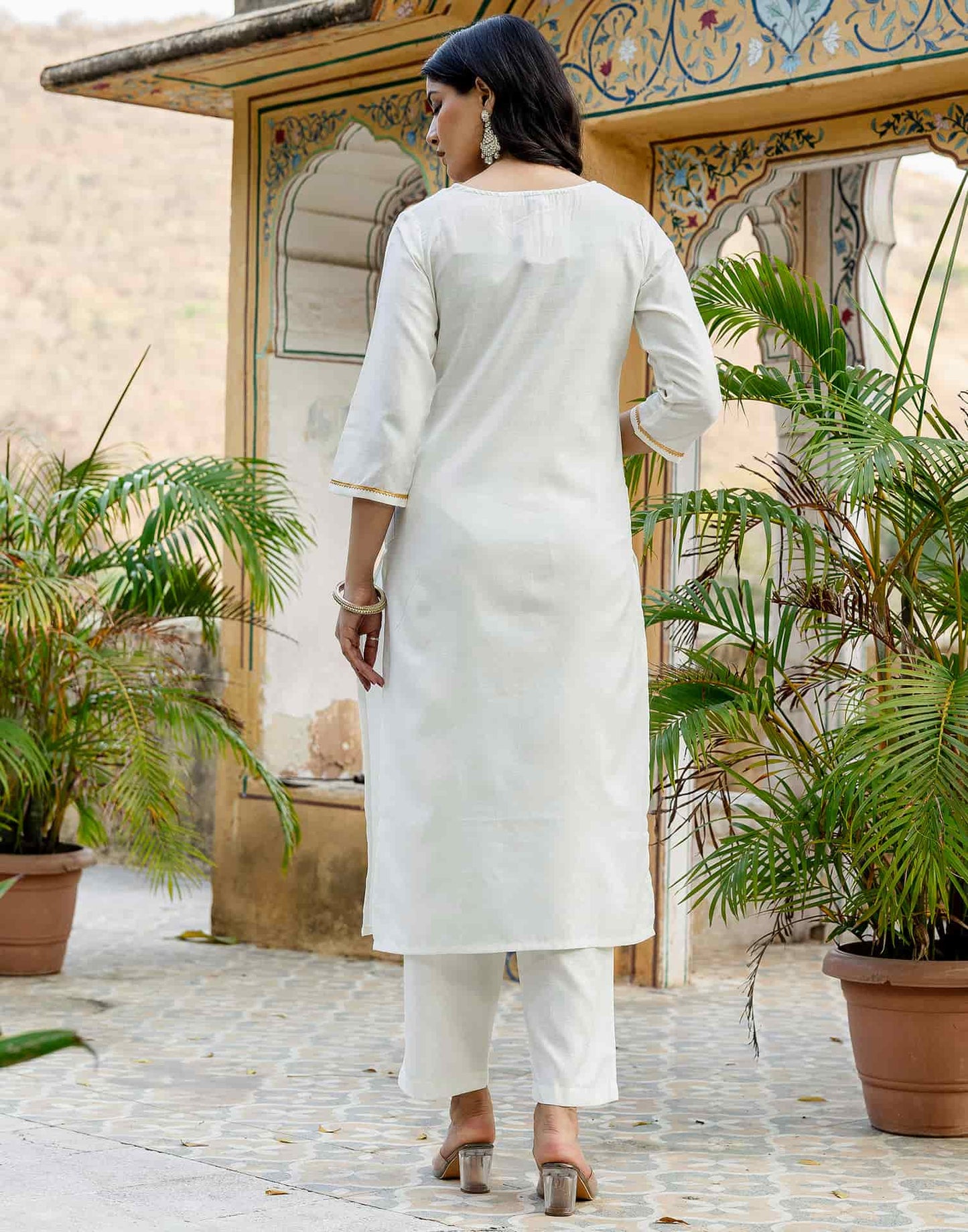 Cotton Blend Gota Lace Straight Kurta with Pant & Dupatta