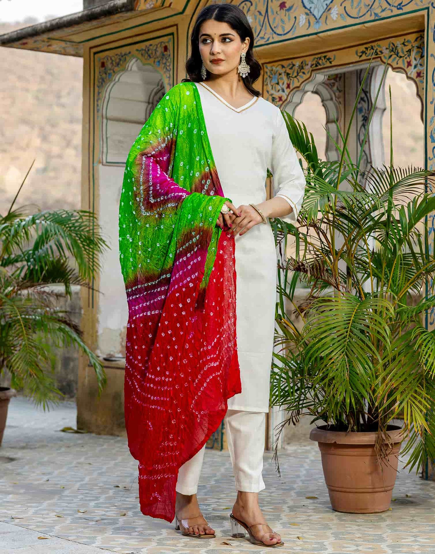 Cotton Blend Gota Lace Straight Kurta with Pant & Dupatta