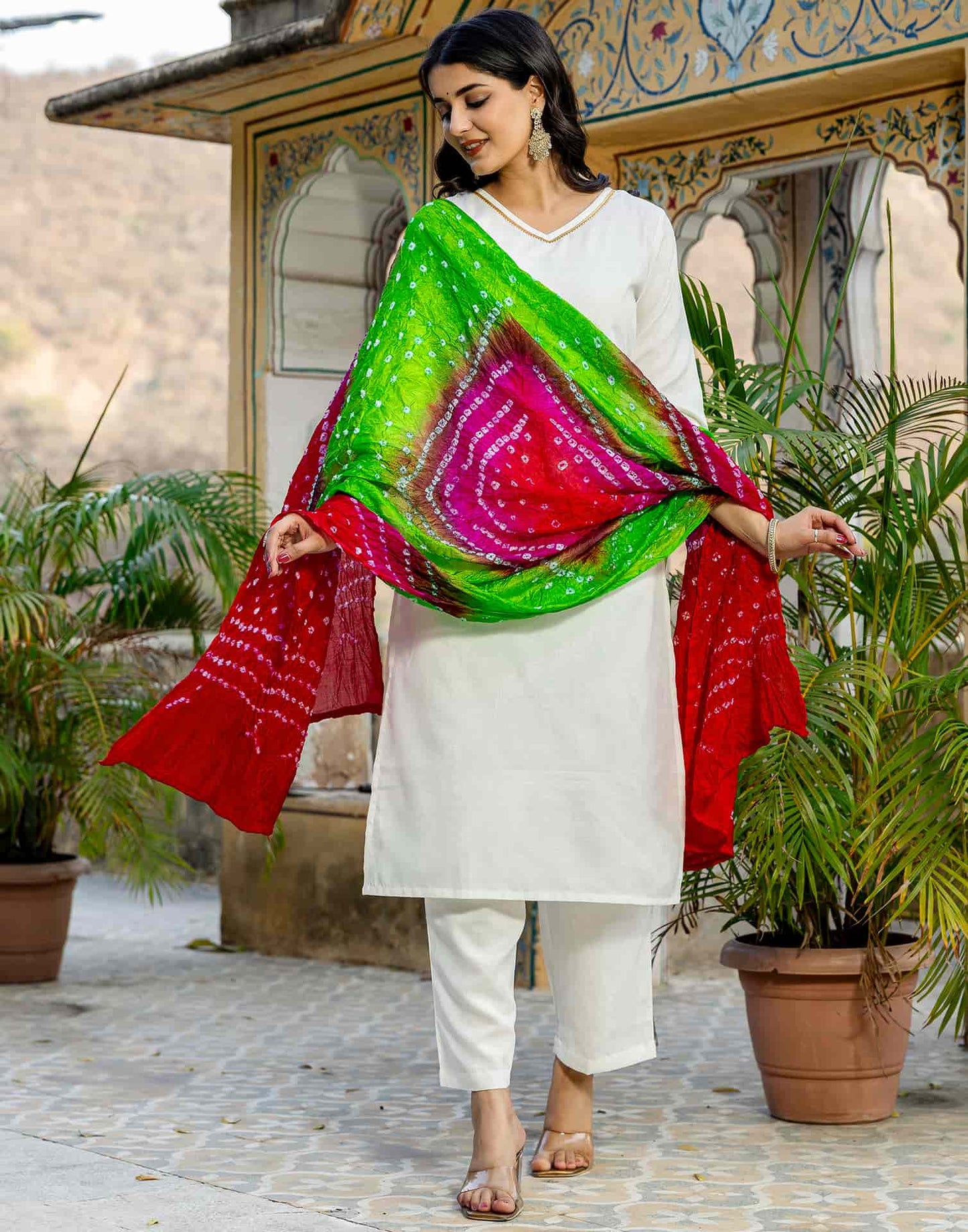 Cotton Blend Gota Lace Straight Kurta with Pant & Dupatta