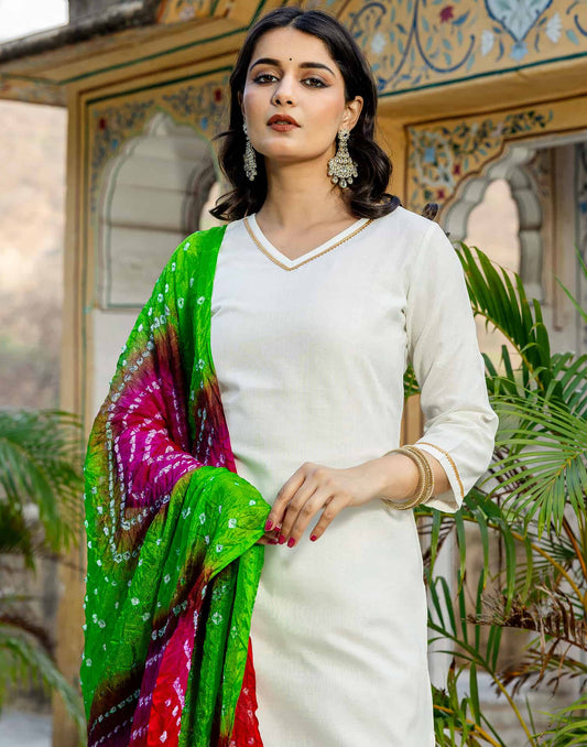 Cotton Blend Gota Lace Straight Kurta with Pant & Dupatta