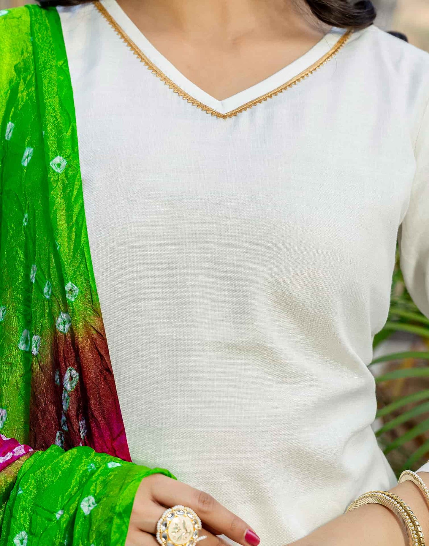 Cotton Blend Gota Lace Straight Kurta with Pant & Dupatta