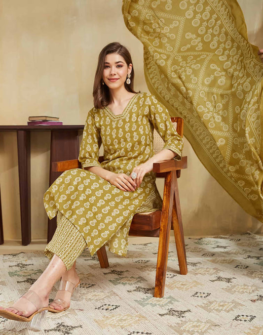 Cotton Blend Printed and Lace Straight Kurta with Pant & Dupatta